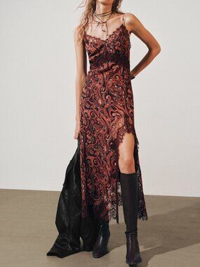 Orange Elegant Women's Contrast Lace Hollow Patchwork Sheer Long Body Slip Dress
